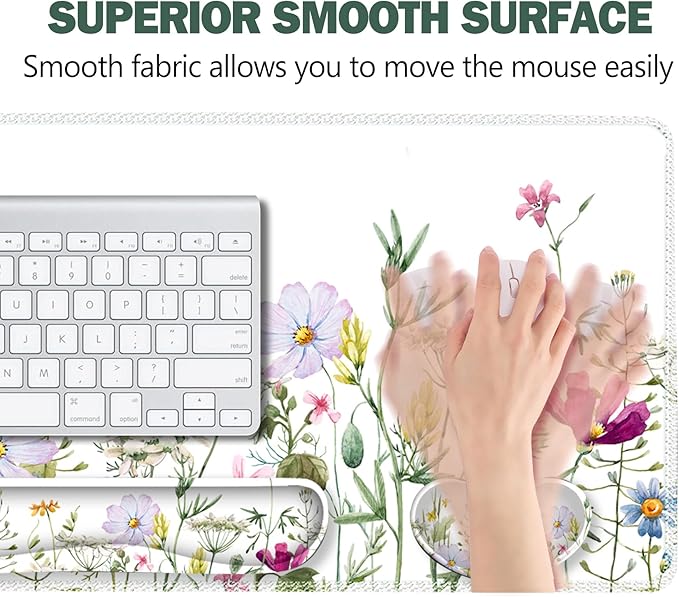 ARTSO Gaming Mouse Pad Wrist Support Set, XXL Large Desk Mat Mousepad + Keyboard Wrist Support+ Mouse Wrist Rest+Coaster 4in1 Ergonomic, Memory Foam for Home Office -White Flowers Plants