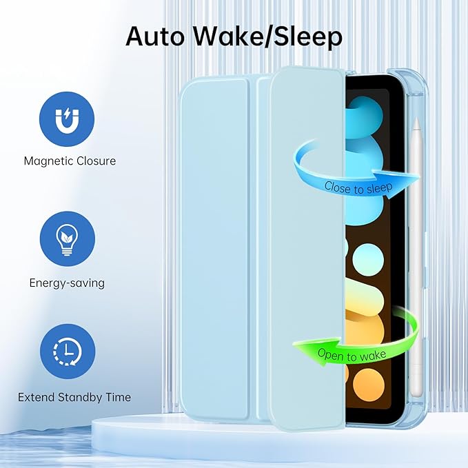 MoKo for iPad mini 7 A17 Pro Case 2024, iPad mini 6th Generation Case 8.3 Inch 2021 with Pencil Holder, Slim Light Trifold Smart Protective Cover with Hard PC Translucent Back Shell, Sky Blue