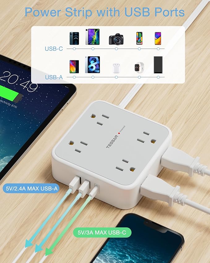 TESSAN Surge Protector Power Strip, 15 Ft Flat Plug Extension Cord with 3 USB (1 USB C) 8 Outlets, 1250W, 900J Protection, 3 Sided Outlet Extender with Power Switch for Office, Dorm Room, Grey