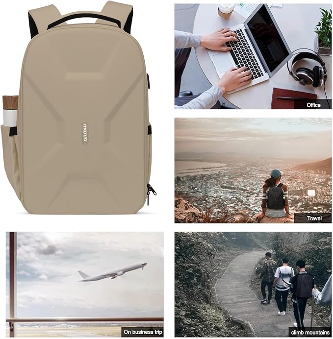 MOSISO 15.6-16 inch 35L Laptop Backpack with USB Charging Port for Women Men, Waterproof Hardshell Travel Business Computer Bag, Anti-Theft Daypack with Luggage Strap, Camel