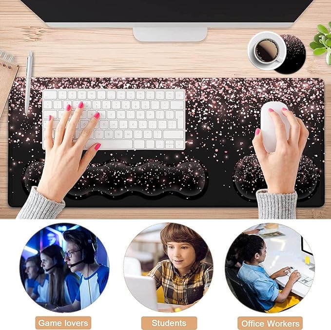 Large Gaming Mouse Pad (31.5x11.8 in) Rubber Base XXL Mousepad with Stitched Edges, Ergonomic Keyboard Wrist Rest, Extended Mouse Mat Desk Pad for Work, Game, Office, Rose Gold Glitter Black Mousepad