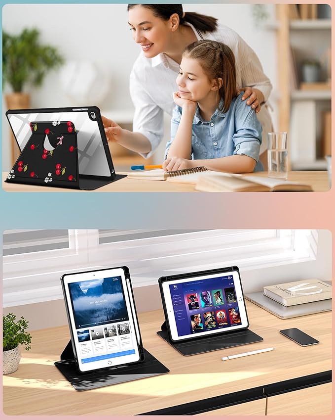 Uppuppy for iPad 5th/6th Generation Case for iPad Air 1st/Air 2nd/Pro 9.7 inch 2016 Case - 360 Rotating Stand Folio Smart Cover with Pencil Holder for Women Girl, Cherry Bow Flowers for Apple Tablet