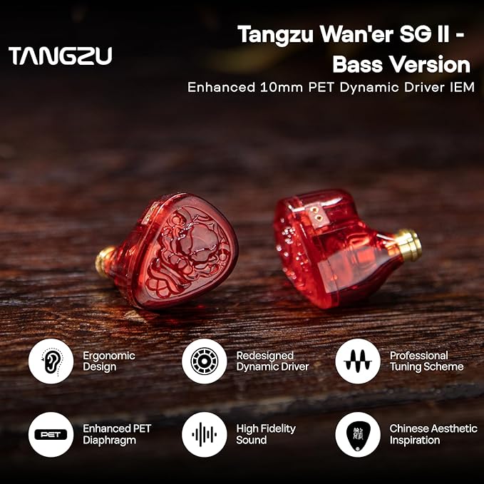 Linsoul TANGZU Wan'er S.G II in Ear Monitor,HiFi Wired Earbuds,10mm Dynamic Driver PET Diaphragm Gaming IEM Earphones with 2Pin Detachable OFC Cable for Audiophile DJ Stage (Red Lion, 3.5mm No Mic)