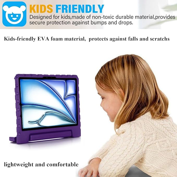 for iPad Air 11-inch Case M3/M2 (2025/2024) for Kids with Pencil Holder/Kickstand, Anti-Slip Handle Stand Lightweight Soft EVA Foam Shockproof Rugged Bumper Tablet Protective Cover, Purple
