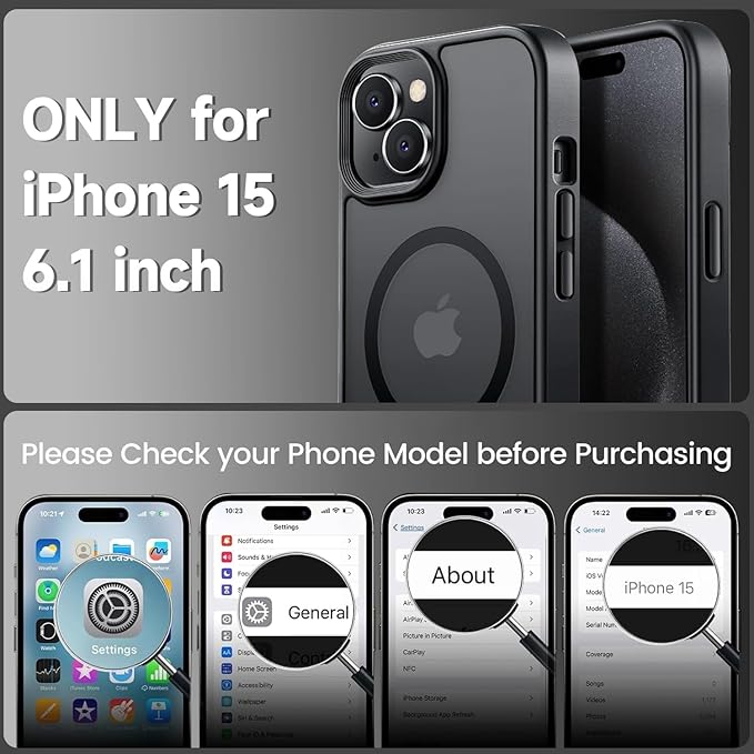 Tigowos for iPhone 15 Case, Compatible with MagSafe [15FT Drop Resistant][2 Tempered-Glass Screen Protectors] Matte Skin-Feeling Shockproof case for iPhone 15 Cases 6.1", Black-Set
