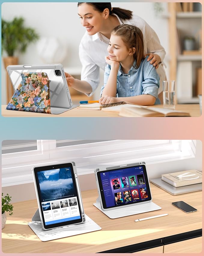 Uppuppy for iPad Air 11 inch Case(Air M4 2026, 8th Gen/M3 2025/M2)/Air 5th/4th Gen 10.9", for iPad Pro 11 inch Case(4th/3rd/2nd/1st Gen) - 360 Rotating Smart Folio Cover with Pencil Holder, Floral