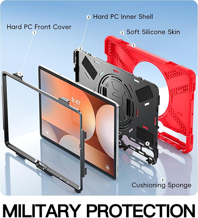 BRAECN for Samsung Galaxy Tab S10 Plus Case 2024/S9 Plus/S9 FE+/S8 Plus/S7 Plus /S7 FE 12.4 Inch,Heavy Duty Shockproof Case with S Pen Holder&360 Rotating Hand Strap/Kickstand Shoulder Strap,Red