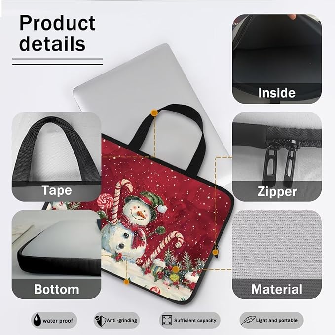 Christmas Red Snowman 15 Inch Laptop Sleeve Cover Computer Bag Tablet Carrying Case, Waterproof Tote Bags Notebook Sleeves Handbag for Travel/Business/School, Family & Friends Gift