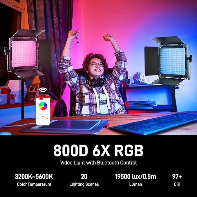 GVM RGB LED Video Light Kit, 800D 6X Upgraded Studio Lights with Optical Lens, Photography Lighting with 20 Scene Modes, Panel Lights with 19500 Lux/0.5m, Filming, Content, Portable, 2 Packs