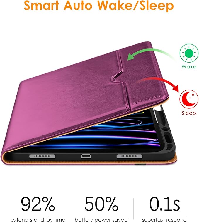 DTTO iPad Pro 12.9 6th / 5th / 4th / 3rd Generation Case 2022/2021/2020/2018,Premium Leather Folio Stand Cover with Built-in Apple Pencil Holder -Auto Wake/Sleep and Multi Viewing Angles,Purple