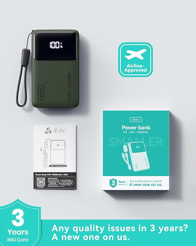 INIU Portable Charger, Compact 45W Fast Charging Power Bank, 10000mAh USB C Battery Pack with Cable & Stand, TSA Travel Phone Charger for iPhone 17 16 15 14 Pro Max, Samsung S26, iPad etc, Green