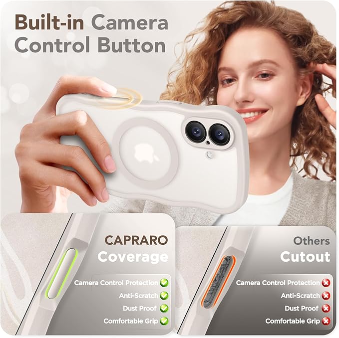 CAPRARO Magnetic for iPhone 17 Case for Women Girls, Upgraded [Full Camera Protection] [Compatible with MagSafe] Cute Wave Translucent Matte Phone Case for iPhone 17, Stone