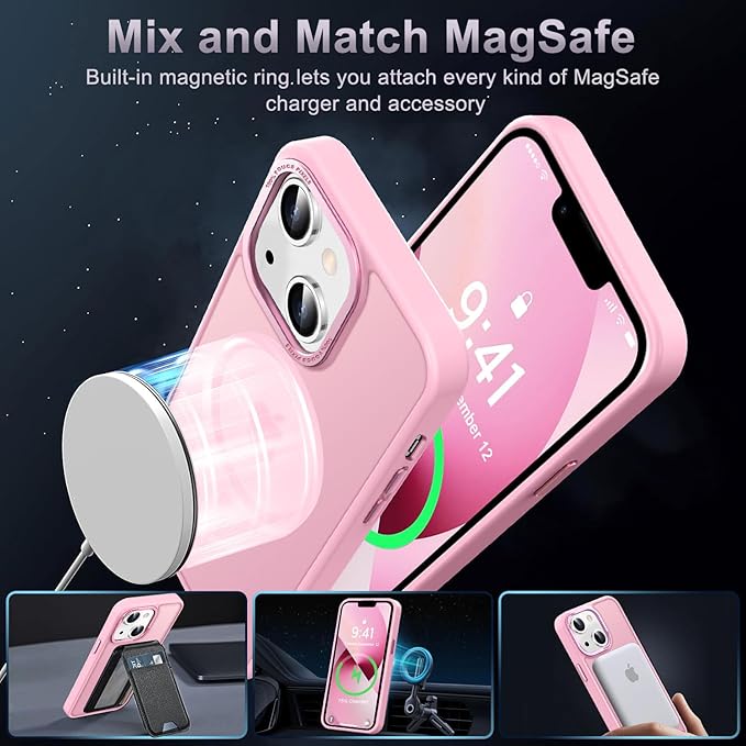 Newfuture Designed for iPhone 13 Case & iPhone 14 Case with Magnetic [13 FT Military Drop Protection] [Compatible with Magsafe] Slim Translucent Shockproof with Anti-Fingerprint Phone Case, Chalk Pink