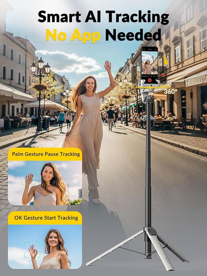 AOCHUAN 70.9” Auto-Open 4-in-1 Smartphone Gimbal for iPhone & Android, AI Face Tracking Phone Stabilizer(No App Needed) w/Magnetic Remote, 360° Rotating Gimbal, RGB Light& Built-in Tripod, M3Pro White
