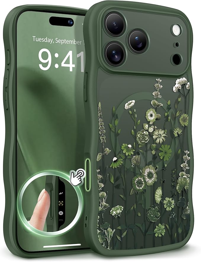 GVIEWIN for iPhone 17 Pro Max Case Compatible with MagSafe [Curly Wave Edge][Full Camera Protection] Floral Translucent Shockproof Magnetic Women Phone Case for 17 Pro Max, Floratopia/Forest Green