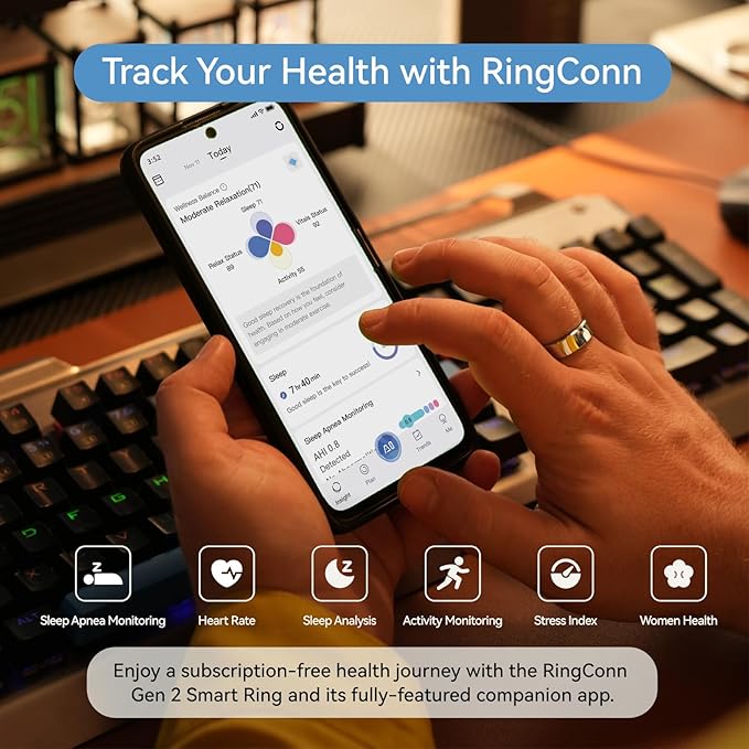 RingConn Gen 2, World’s First Smart Ring with Sleep Apnea Monitoring, No APP Subscription, 12-Day Battery Life, Stress/Heart Rate/Women's Health Tracker, Android & iOS Compatible (Silver, Size 6)