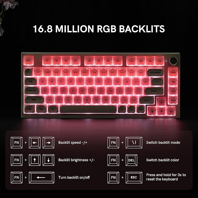 COSTOM WK75 75% Wireless Gaming Mechanical Keyboard,BT5.0/2.4GHz/USB-C, Hot Swappable Pre-lubed Custom Linear Switches,Gasket Structure,RGB Backlit Keyboard for PC/Laptop/Xbox/PS4/PS5 (Pink)