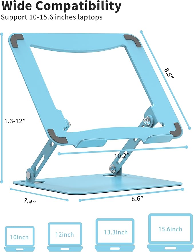 SOUNDANCE Laptop Stand for Desk, Portable Adjustable Laptop Riser, Ergonomic Design Computer Holder, Metal Laptop Mount Elevator Compatible with 10 to 15.6 Inches PC Computer, Blue