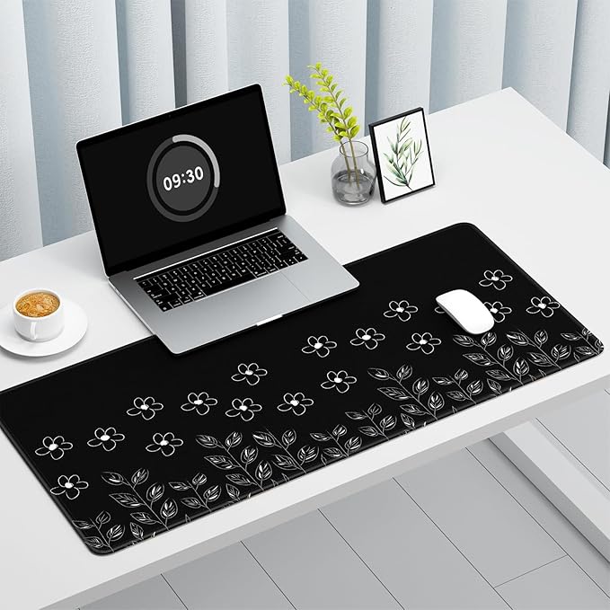 Auhoahsil Desk Mat, Ultra Large Mouse Pad, XXL Gaming Mousepad, Pretty Desk Pad, Big Extended Full Size Desktop Desk Matt for Keyboard, Laptop & Computer, 35.5 x 15.7 in, Minimalist Flower Black