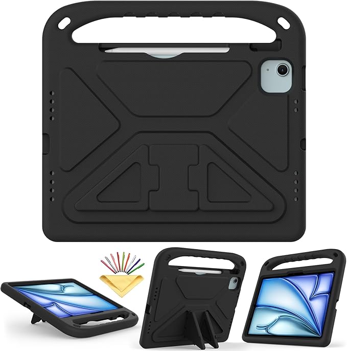 Kids Case for iPad Air 11 inch M4/M3/M2 (2026/2025/2024) & iPad Pro 11 inch M5/M4 (2025/2024) with Pencil Holder/Handle/Kickstand Lightweight Shockproof Cute Soft EVA Foam Stand Cover, Black