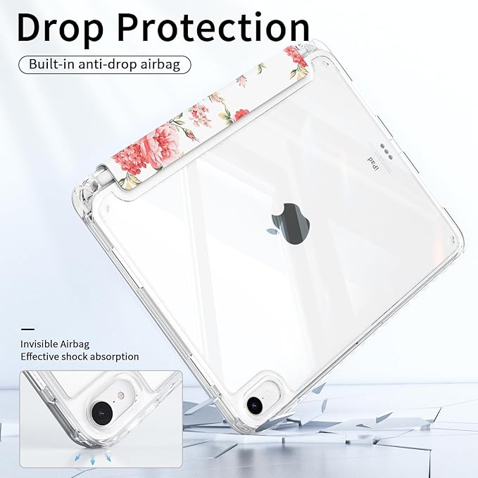 for iPad Air 11 Inch M4 (2026)/ M3 (2025)/ M2 (2024) Case, iPad Air 10.9" 5th/4th Generation Case 2022/2020 with Pencil Holder, Slim Trifold Stand Clear Back Cover, Pink Roses