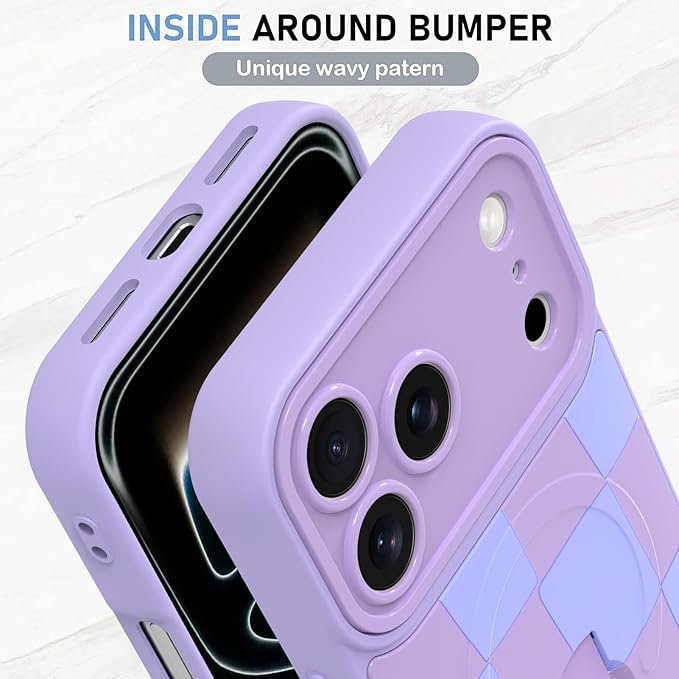 KANGHAR Compatible with iPhone 17 Pro Case, Support for MagSafe, Silicone Checkered Cute Pattern, Wristband Kickstand Camera Protection Soft Slim Cover for Girls Women -Purple