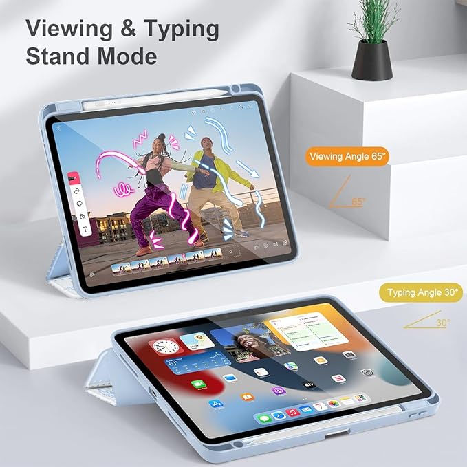 May Chen for iPad Pro 13 Inch Case M5 2025 / M4 2024, Built Pencil Holder & Clear Transparent Print Back Shell Slim Stand Shockproof Tablet Cover, Auto Wake/Sleep, Blue Checkered