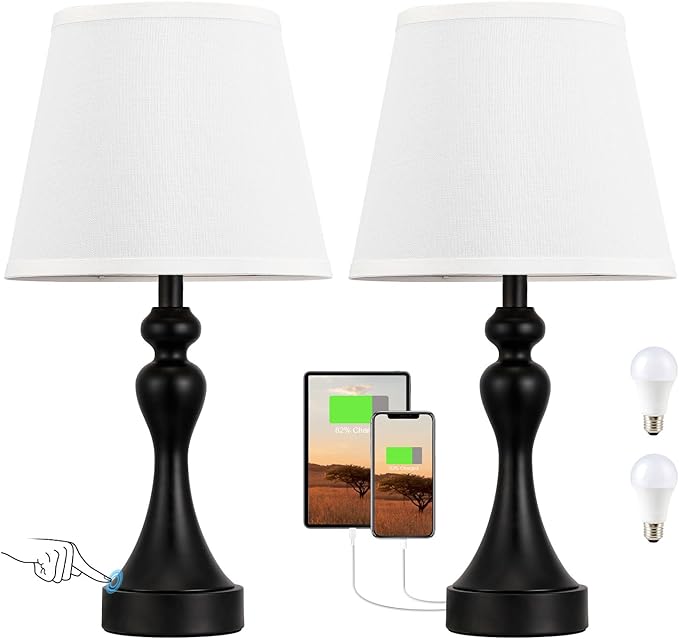 Seealle Touch Lamps for Nightstand - Bedside Lamps Set of 2, 3 Way Dimmable, USB C+A for Bedroom & End Tables (White&Black)