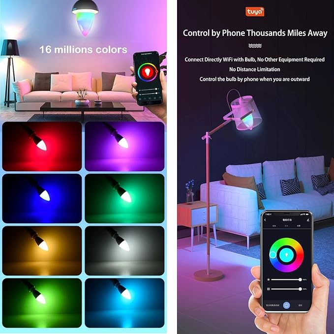 Candelabra Smart Light Bulbs 60W Equivalent, 450LM 5W LED Bulb Compatible with Alexa/Google Home, RGBCW 16 Million Color Changing Light Candle Bulb, No Hub Required, 2.4G (E12) (1)