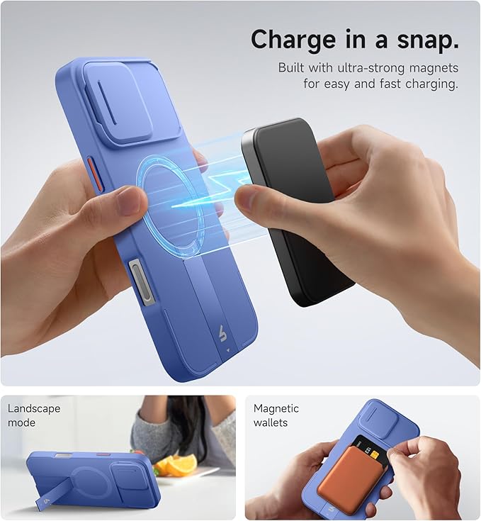 SURITCH for iPhone 16 Pro Max Case with Magnetic Camera Slide Cover and Adjustable Kickstand, Compatible with MagSafe, Shockproof Bumper Case Slim Protective Cover 6.9 Inch, Starlight Blue