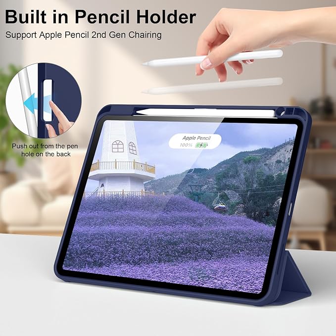 for iPad Pro 12.9 Inch Case 6th/5th/4th Generation (2022/2021/2020) with Pencil Holder, Smart Stand Cover with Soft TPU Back for iPad Air 13 inch Case, Auto Sleep/Wake, Navy