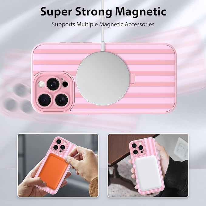 KANGHAR Compatible with iPhone 15 Pro Case, Support for MagSafe, Silicone Stripes Cute Pattern, Wristband Kickstand Camera Protection Soft Slim Cover for Girls Women -Pink