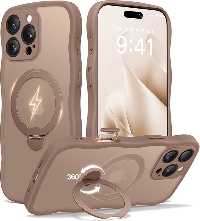 CAPRARO for iPhone 16 Pro Case with 360° Spin Magnetic Stand for Women, [Compatible with MagSafe] [Full Camera Protection] Cute Wave Translucent Matte Case for iPhone 16 Pro, Brown