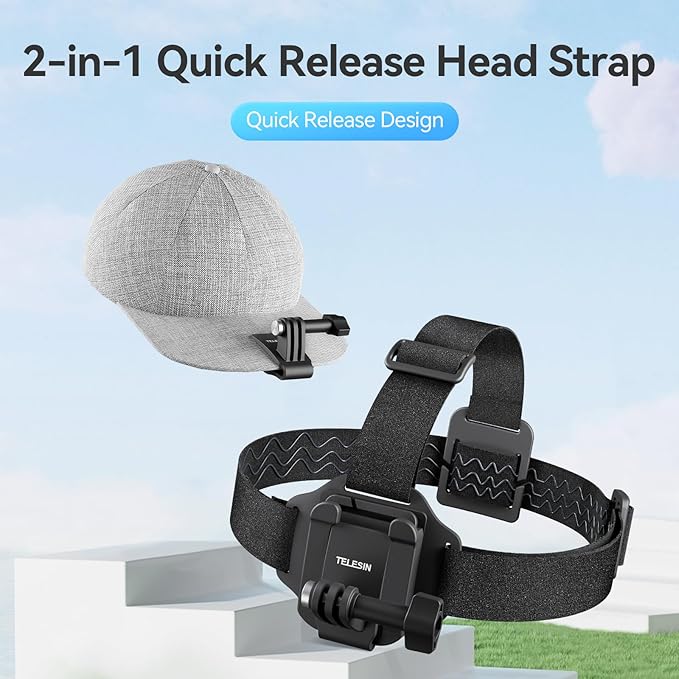 TELESIN Head Strap Mount with Cap Clip, Quick Release Head Belt Mount Compatible with GoPro Max/Hero 13/12/11/10/9/8, Insta360 X5, DJI Osmo Nano Action 5 Pro Action 4 3, AKASO and Most Action Cameras