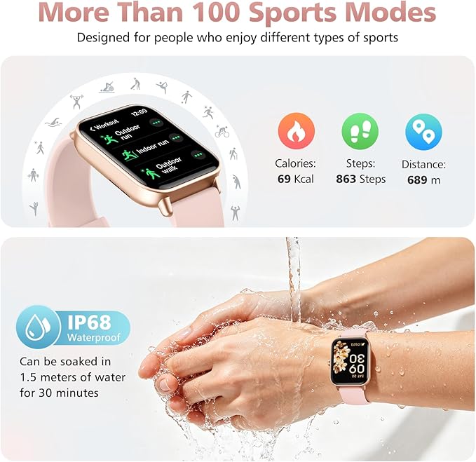 Smart Watches for Women, 1.85" Alexa Fitness Trackers with Call & SMS, Heart Rate, SpO2, Stress & Sleep Monitor, IP68 Waterproof Smartwatch for Android iPhone Samsung etc., 100+ Sports Modes, 2 Bands