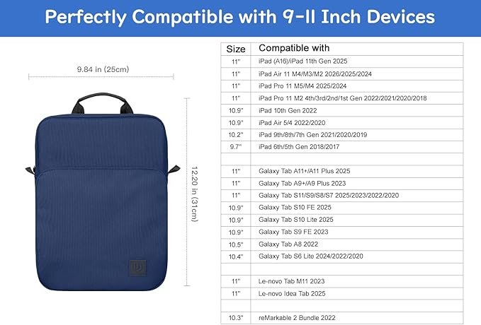 Dadanism 9-11 Inch Tablet Sleeve Bag Carrying Case with Shoulder Strap for iPad (A16) 11", iPad 10th Gen 10.9", iPad Air M4/Pro M5 11", iPad 9/8/7th 10.2", Galaxy Tab A11+ Plus 11", Denim
