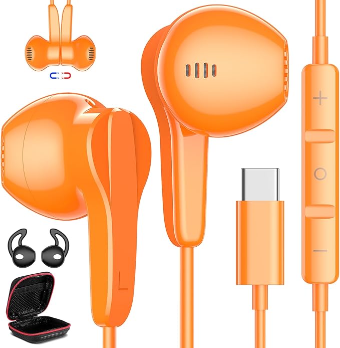 USB C Headphones for iPhone 17 Pro Max Air 16 15 Plus, Type C Earphone with Mic HiFi Stereo Magnet in Ear USBC Wired Earbuds for Samsung Galaxy S26 S25 S24 Ultra S23 Fe S22+ Flip/Pixel 10 9 8, Orange