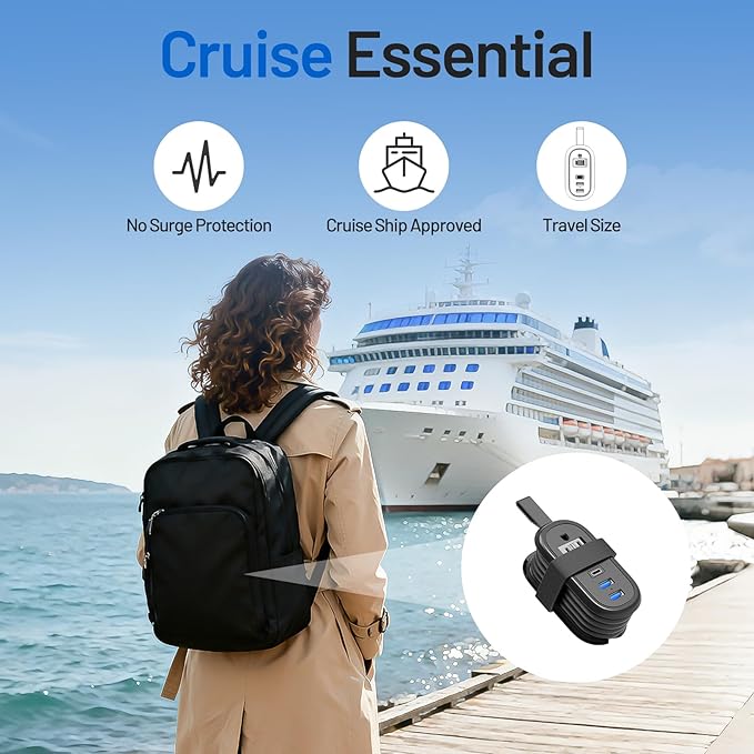 BEVA Travel Power Strip with USB Ports, 4FT Travel Flat Plug Extension Cord, Fast Charge PD 20W 2 Outlets 3 USB Ports, Non Surge Protector for Cruise Ship Travel Essentials(PD20W Charge Black)