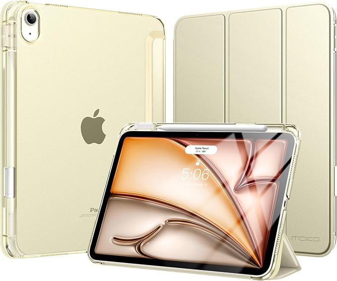MoKo for iPad Air 11 inch Case (M4/M3/M2) 2026/2025/2024, iPad Air 5th/4th Gen 10.9 inch Case 2022/2020 with Pencil Holder, Slim Light Trifold Cover with Hard PC Translucent Back Shell, Starlight