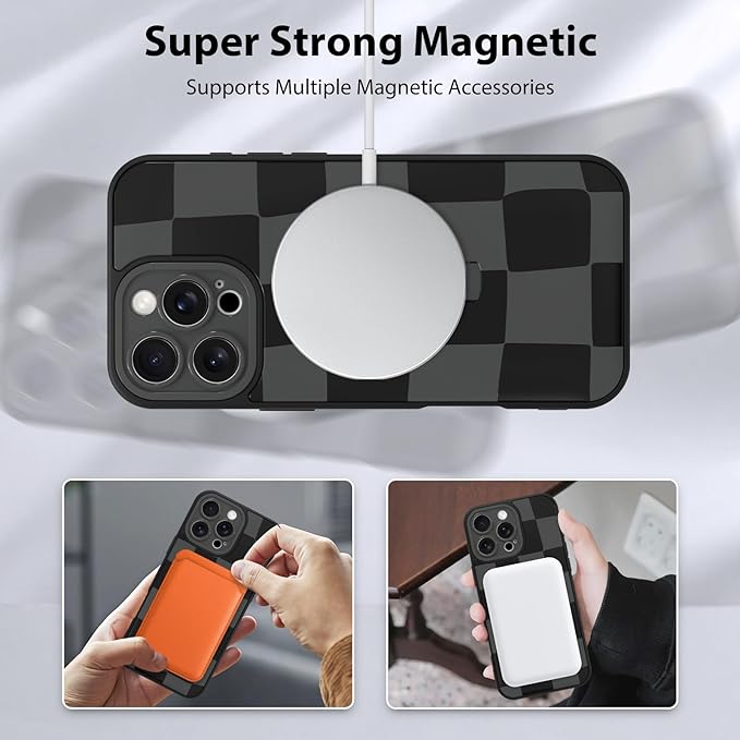 KANGHAR Compatible with iPhone 16 Pro Case, Support for MagSafe, Silicone Checkered Cute Pattern, Wristband Kickstand Camera Protection Soft Slim Cover for Girls Women -Black