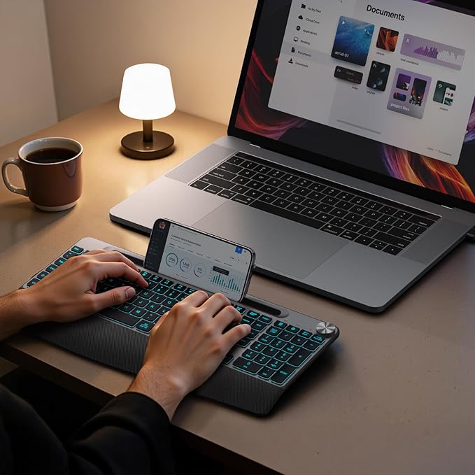 GAMCATZ Ergonomic Backlit Wireless Keyboard with Wrist Rest-Low-Profile,Phone/Tablet Holder,Rechargeable with Light Up Keyboard,Cordless Quiet Computer Keyboard for Desktop,Laptop, PC, Mac-Grey