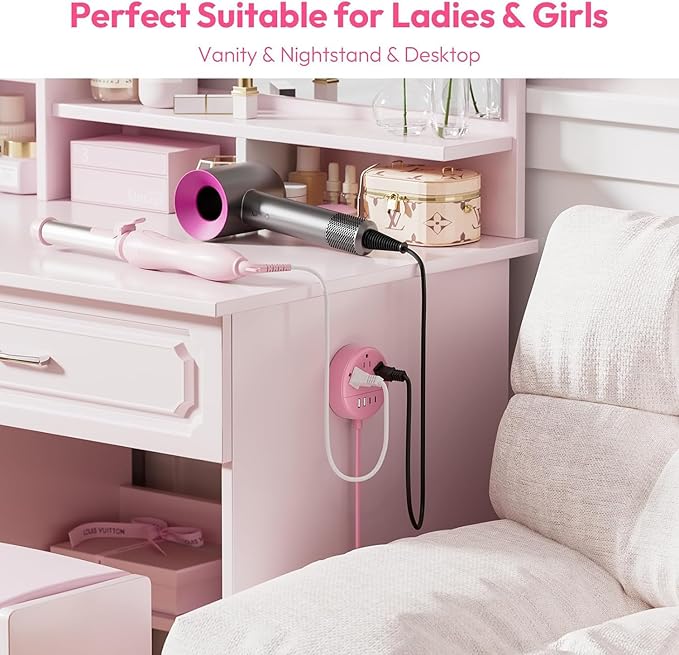 Pink 2 Prong Power Strip with USB-C, NTONPOWER 1875W/15A 2 Prong to 3 Prong Outlet Adapter, Rotating Plug,Pink Extension Cord 5 FT,3 Outlets 4 USB Port, Ideal for Old House, Vanity Desk, Office,Travel