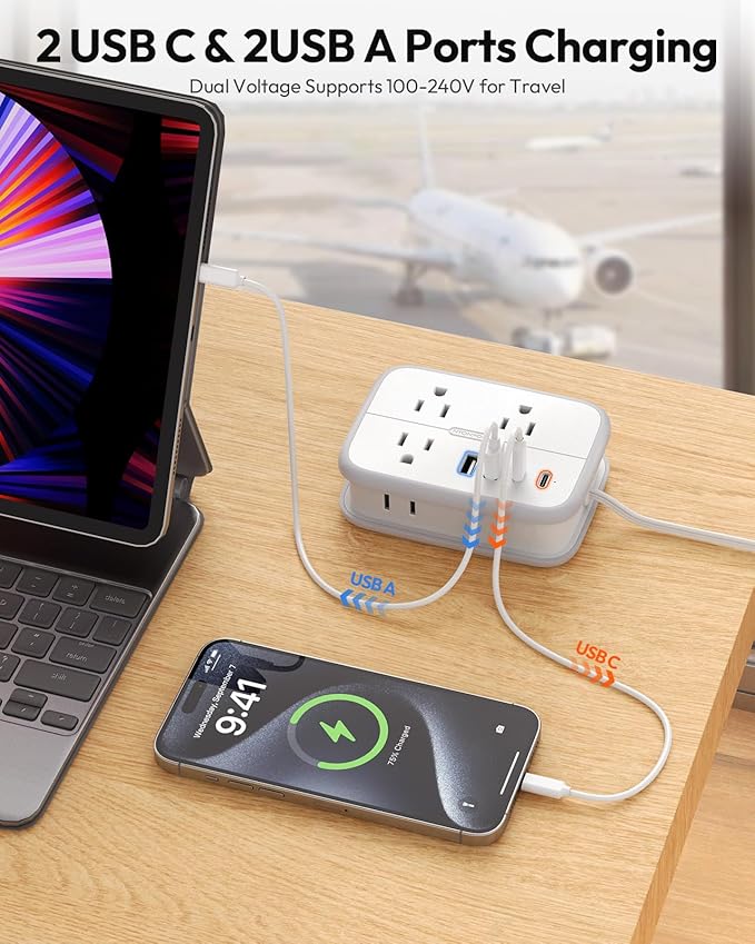 NTONPOWER 10 in 1 Travel Power Strip, 6 Outlets 4 USB Ports(2 USB C), 4ft Extension Cord Wrapped Around Small Power Strip, Compact for Travel, Hotel, Cruise Approved, White