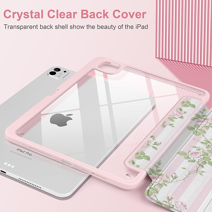 TWOLSKOO Case for iPad Pro 11-inch (M5 2025 / M4 2024), Clear Acrylic Back with TPU Bumper, Pencil Holder, Trifold Stand, Auto Sleep/Wake, Rose Vine