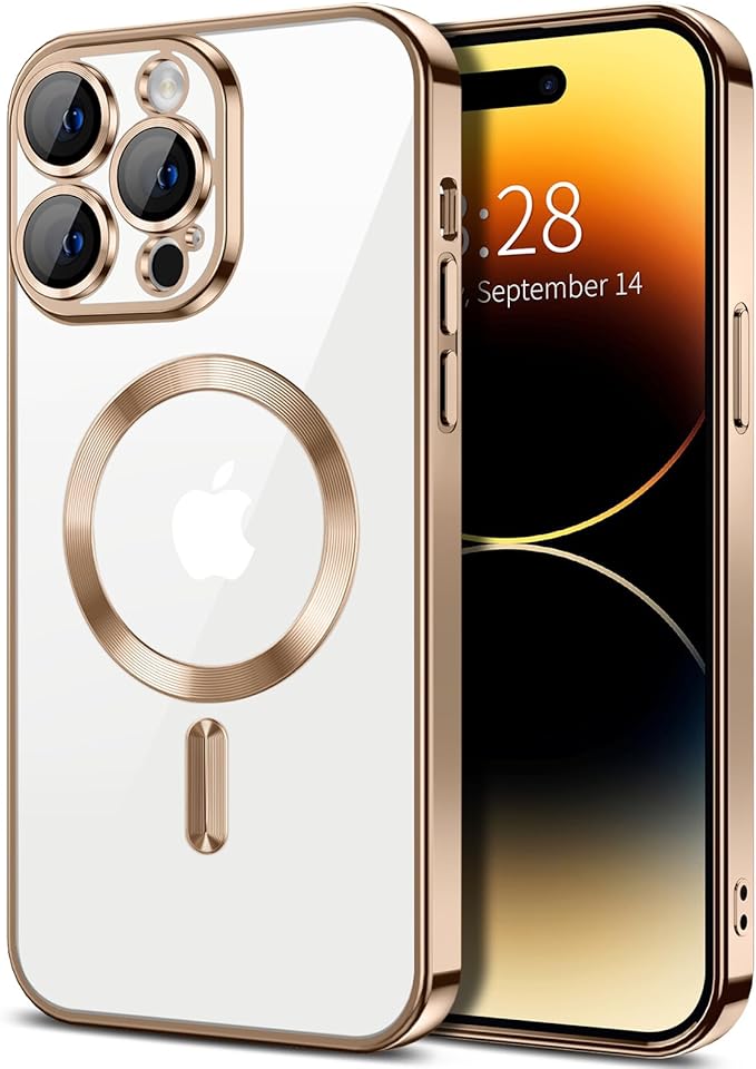 Hython Magnetic Clear for iPhone 14 Pro Max Case with Camera Lens Protector [Compatible with MagSafe] Plating Edge Slim Soft TPU Cover Protective Phone Case for iPhone 14 Pro Max 6.7", Desert Brown