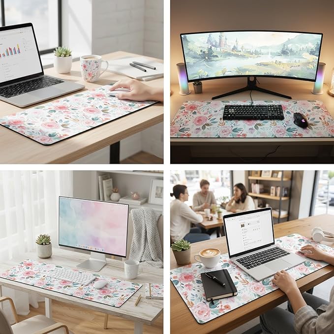 XXL Gaming Mouse Pad (47.2 x 23.6 Inch), Giant Floral Desk Blotter for Full Coverage, Watercolor Rose Garden Pattern, Anti-Slip Table Cover, Premium Soft Laptop Protector