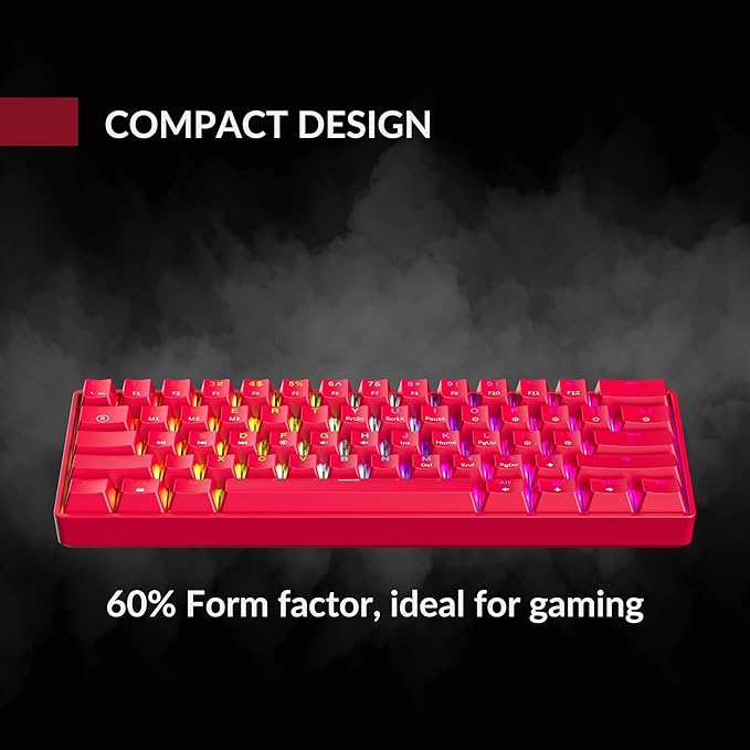 GK61 Mechanical Gaming Keyboard - 61 Keys Multi Color RGB Illuminated LED Backlit Wired Programmable for PC/Mac Gamer (Gateron Optical Black, Red)