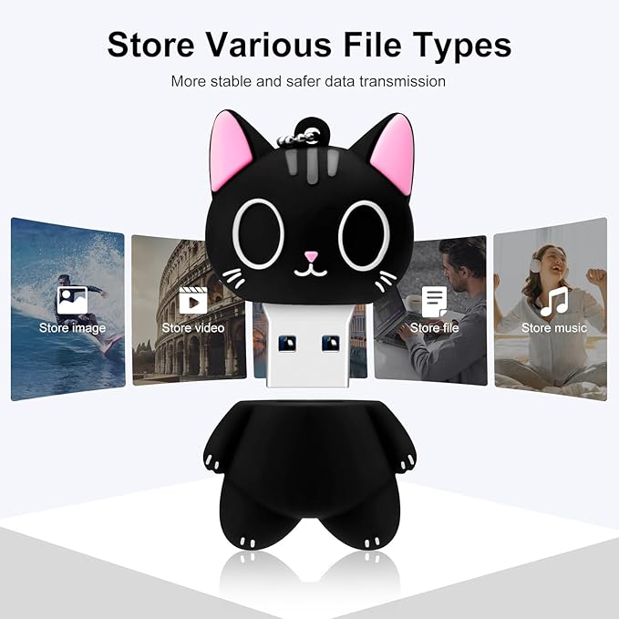 USB Flash Drives,BORLTER CLAMP Cute Flash Drive,32GB 64GB Cartoon Cat High Speed Memory Thumb Stick USB2.0 Animal Drive Character Data Storage Gift USB Disk Pendrive with Key Chain