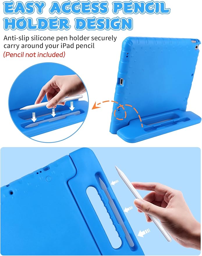 Kids Case for iPad Pro 12.9 2017(2nd Gen)/2015(1st Gen) with Pencil Holder and Handle Stand, EVA Rugged Cover Compatible with iPad Pro 12.9-inch for Child Boys Girls Toddlers(Blue)
