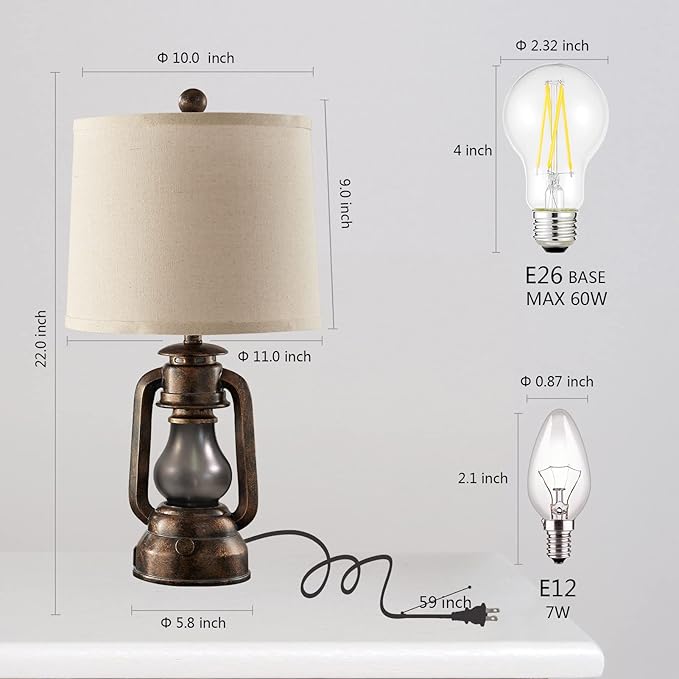 Farmhouse Lantern Table Lamps for Living Room Set of 2, Vintage Bedroom Resin Lamp with Dual USB Charging Ports, Rustic Retro Bedside Nightstand Desk Lamp, 4 Bulb Included